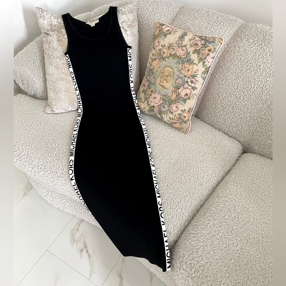 Michael Kors Ribbed Black White MK Stretch Knit Logo Tape Midi Tank Dress - Picture 3 of 13
